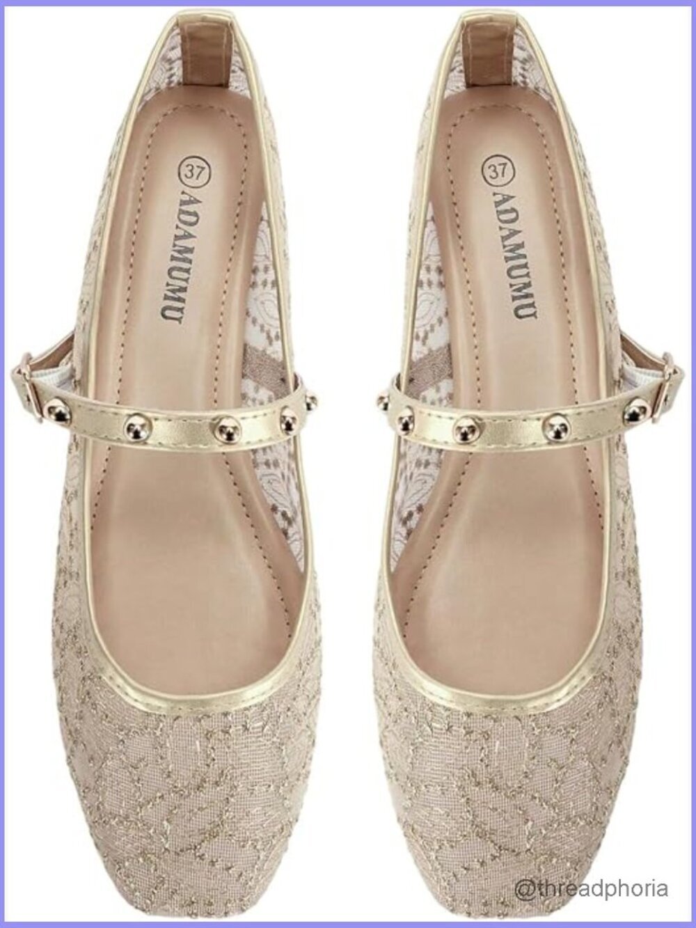 Women's Floral Embroidered Mesh Lace Ballet Flats Square Closed Toe Studded